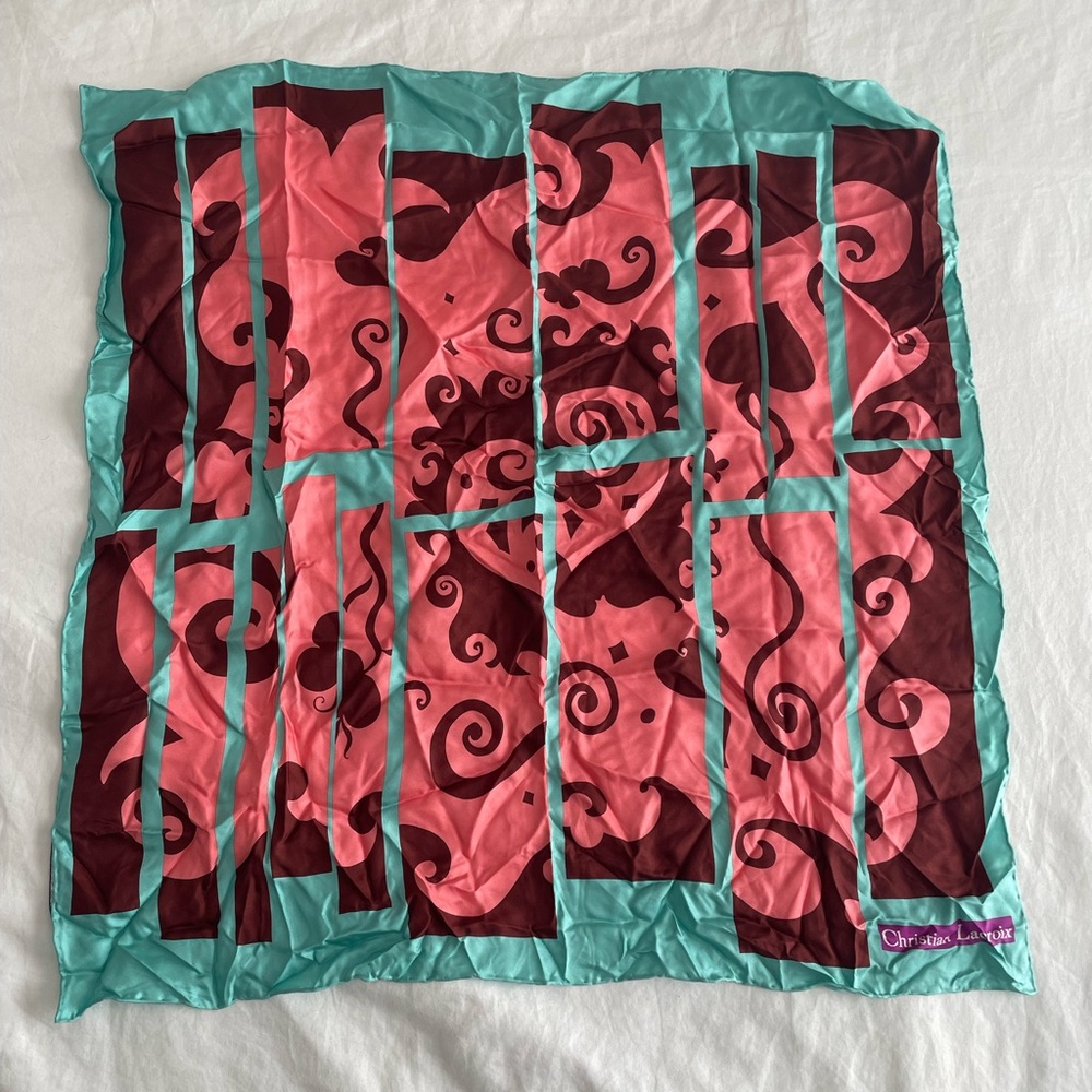 Christian Lacroix 100% Silk Square Scarf Teal Pink Burgundy Abstract Print